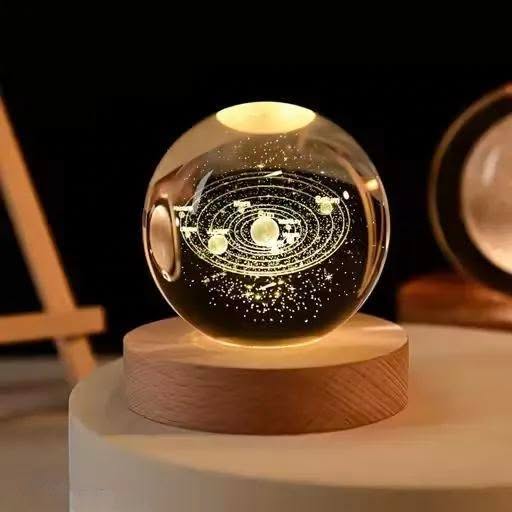 3D Crystal Solar System Ball - LED Night Light with Wooden Base